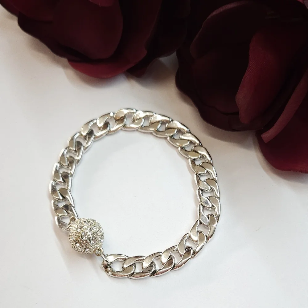 Chunky Silver Curb Chain & Crystal Bead Clasp Bracelet Magnetic Clasp